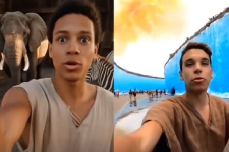 Internauta usa IA para simular histórias da Bíblia nos dias atuais; vídeo jovem com o celular na mão atravessando o Mar Mermelho