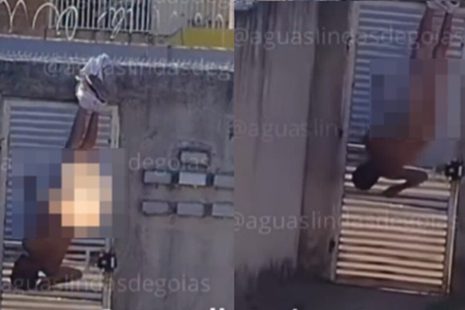 Caso aconteceu em Águas Lindas de Goiás; homem estava bêbado Homem fica nu e pendurado pelas calças ao tentar invadir casa da ex; vídeo