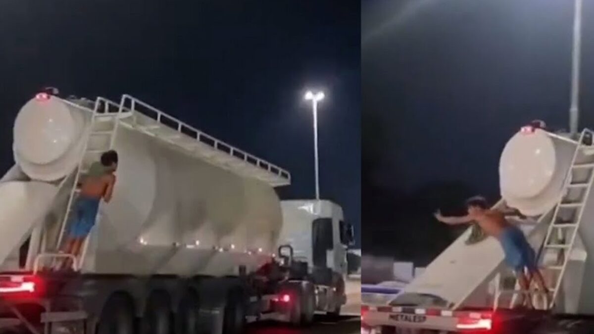 Homem sobe em caminhão e fica preso após motorista acelerar; vídeo “Quando ele passar por Florianópolis jogarei uma blusa para ele”