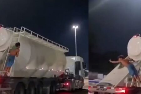 Homem sobe em caminhão e fica preso após motorista acelerar; vídeo “Quando ele passar por Florianópolis jogarei uma blusa para ele”