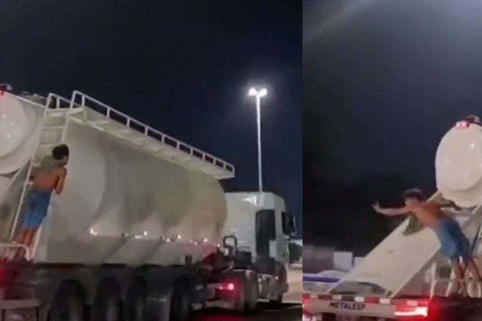 Homem sobe em caminhão e fica preso após motorista acelerar; vídeo “Quando ele passar por Florianópolis jogarei uma blusa para ele”
