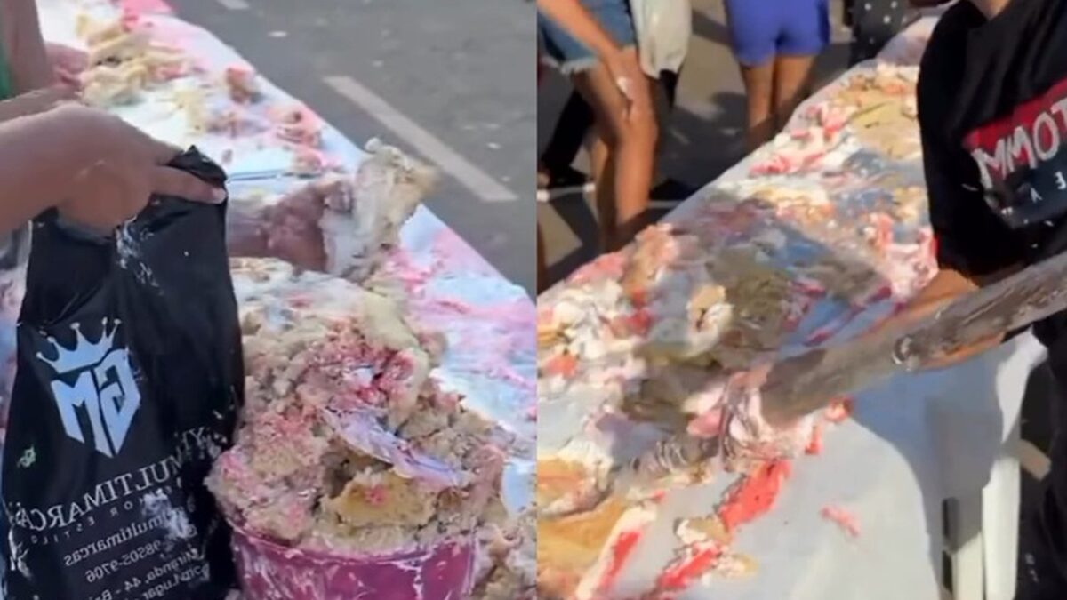 Vídeo: Bolo gigante de Dia das Mães causa tumulto no Maranhão; homem usou até pá Moradores de Bom Lugar colocaram bolo em baldes e bacias