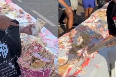 Vídeo: Bolo gigante de Dia das Mães causa tumulto no Maranhão; homem usou até pá Moradores de Bom Lugar colocaram bolo em baldes e bacias