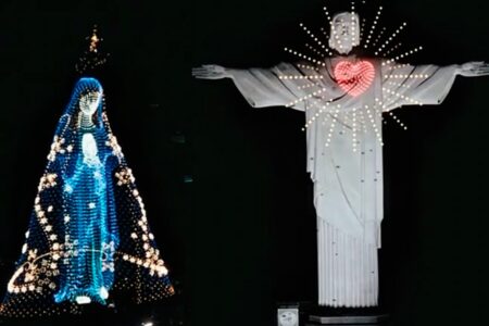 Vídeo de Maria ao lado do Cristo Redentor feito por drones é falso Cena foi criada com efeitos visuais em CGI