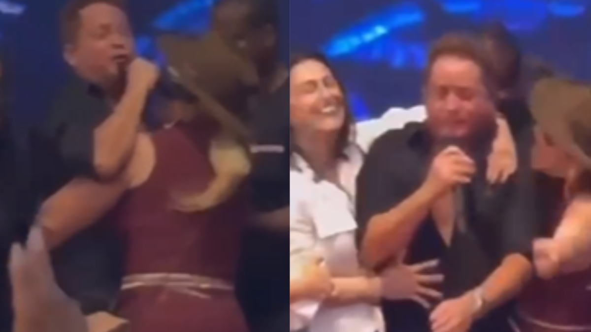 Leonardo é erguido no colo por mulher em show no interior de SP