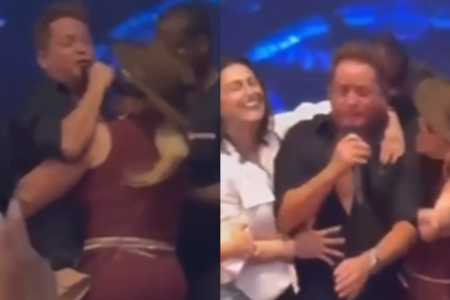 Leonardo é erguido no colo por mulher em show no interior de SP