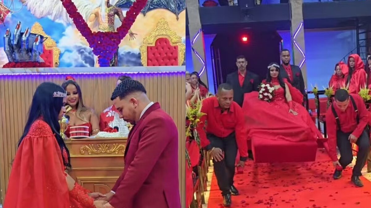 Cavalo, noivos de vermelho, bode e beijo... veja a cerimônia Igreja dedicada a Lúcifer celebra primeiro casamento Iuciferiano do Brasil; vídeo