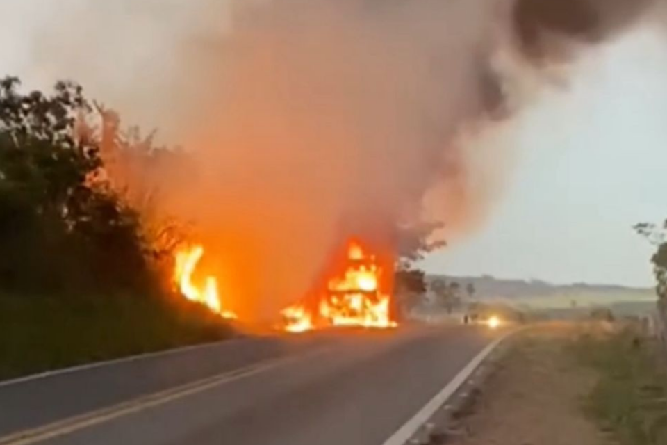 Caminhão fica destruído após pegar fogo na GO-305 entre as cidades de Cumari e Anhanguera
