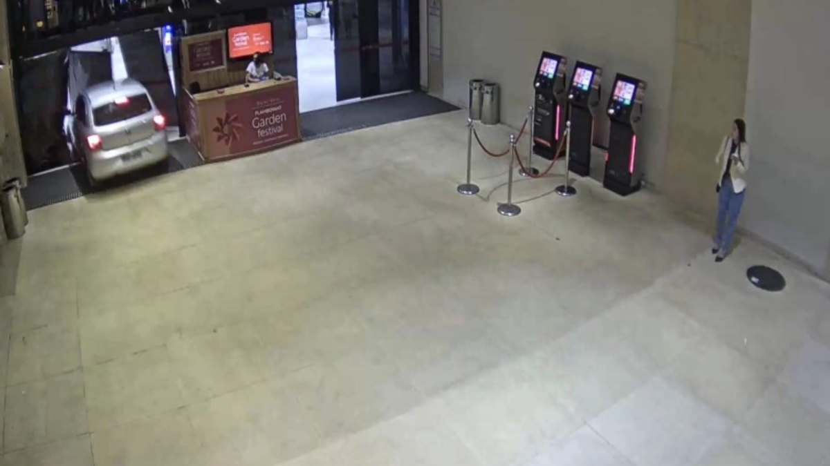 Apesar do susto, ninguém ficou ferido após a invasão do carro no shopping Flamboyant. (Foto: divulgação)