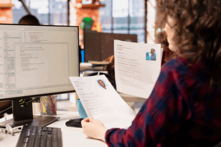 Imagem de uma pessoa analisando currículos