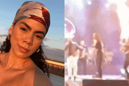 Vídeo: fogo atinge cabelo de integrante da banda Limão com Mel durante show Nathy Souza teve o cabelo incendiado