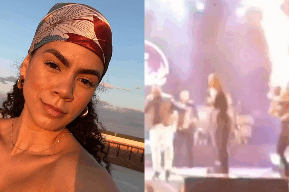 Vídeo: fogo atinge cabelo de integrante da banda Limão com Mel durante show Nathy Souza teve o cabelo incendiado