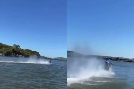 Homem atravessa rio pilotando moto e vídeo viraliza Nenén da Taboca atravessou Rio Xingu em cima de uma Kawasaki 450