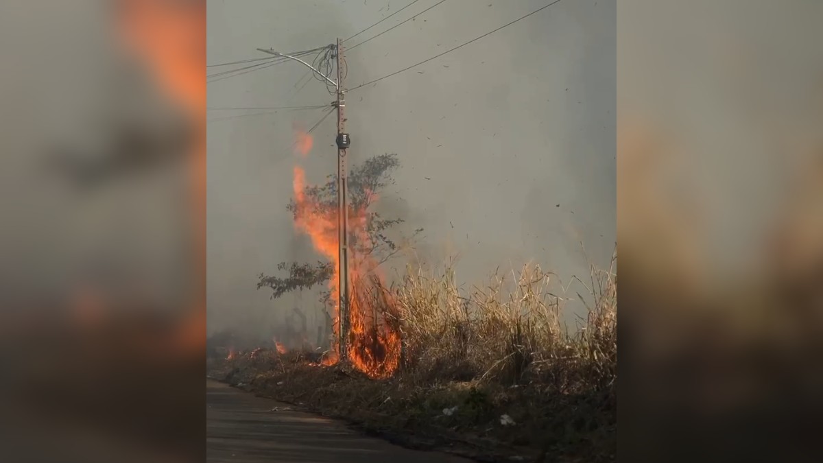 Incêndio atinge região de mata e rede elétrica no setor Ibiraquera, em Aparecida