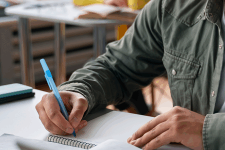 Imagem de uma pessoa escrevendo em um caderno