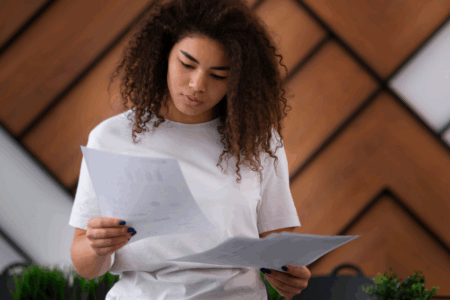 Imagem de uma pessoa analisando currículos de candidatos