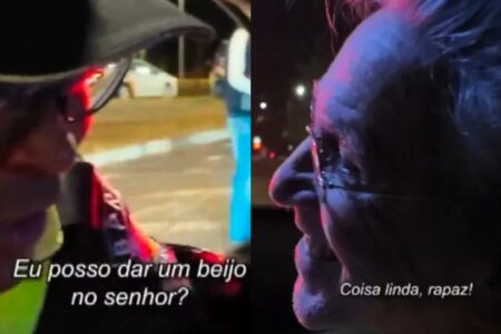 Caetano Veloso é surpreendido por beijo de policial militar durante blitz