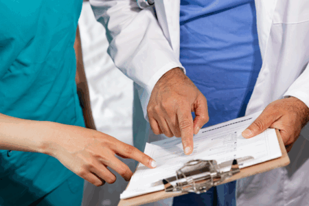 Imagem de um médico e um enfermeiro olhando a ficha de um paciente