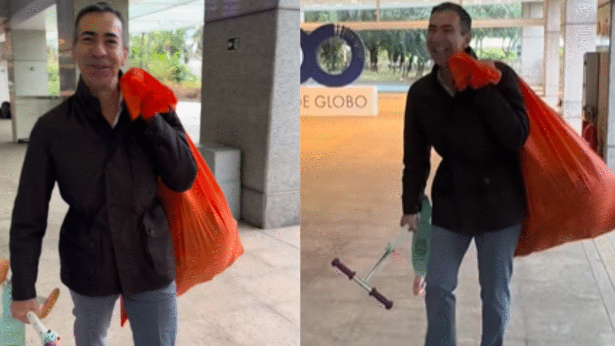 Cesar Tralli doa brinquedos da filha a funcionários da TV Globo