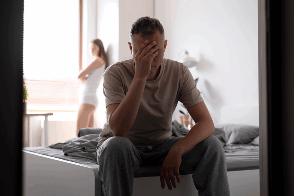 Em primeiro plano, um homem está sentado na cama, na sombra, com uma das mãos no rosto. Ao fundo, desfocado, uma mulher em pé, a beira da janela