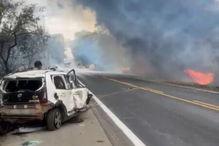 Colisão com caminhão de querosene deixa mulher e três cachorros carbonizados na br-040, em Luziânia