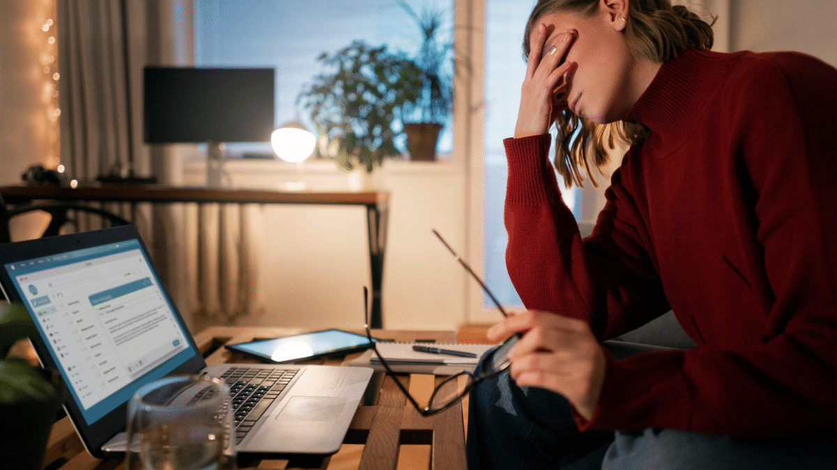 Mulher diante do computador, em uma sala com pouca iluminação. Ela está triste e com a mão no rosto