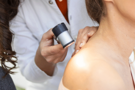 Imagem de uma dermatologista analisando a pele de um paciente