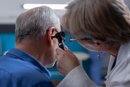 Imagem de um homem sendo atendido por uma otorrinolaringologista