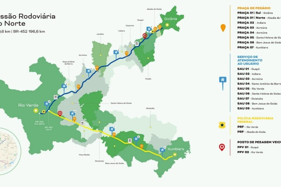 Mapa dos trechos que a Rota Verde Goiás irá atuar