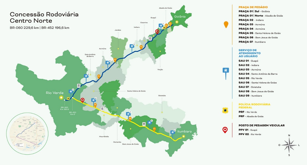 Mapa dos trechos que a Rota Verde Goiás irá atuar