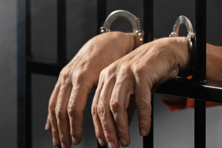 Imagem de uma pessoa algemada atrás das grades