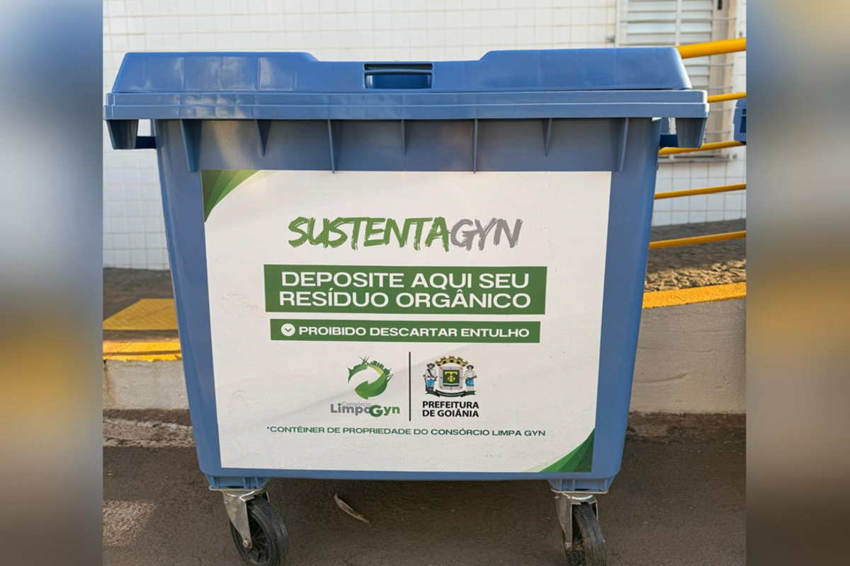 Contêiner para o descarte correto do lixo (Foto: Consórcio Limpa Gyn)