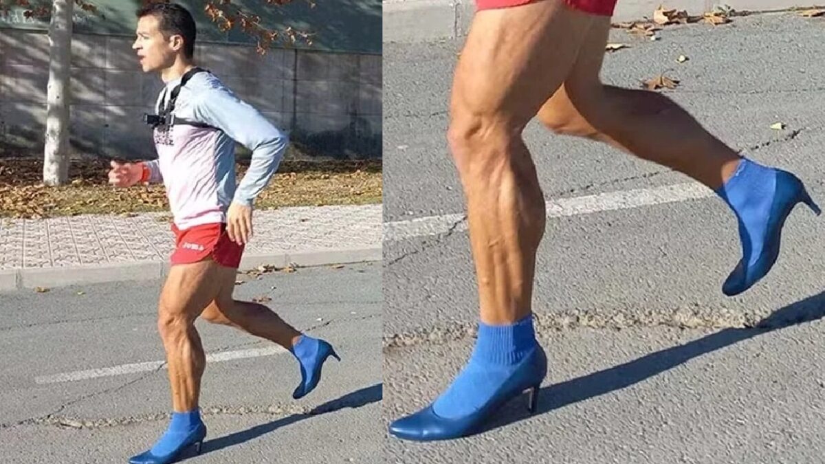 Vídeo: homem quebra recorde mundial dos 100 metros rasos de costas com salto alto Espanhol passou dois anos treinando para equilíbrio