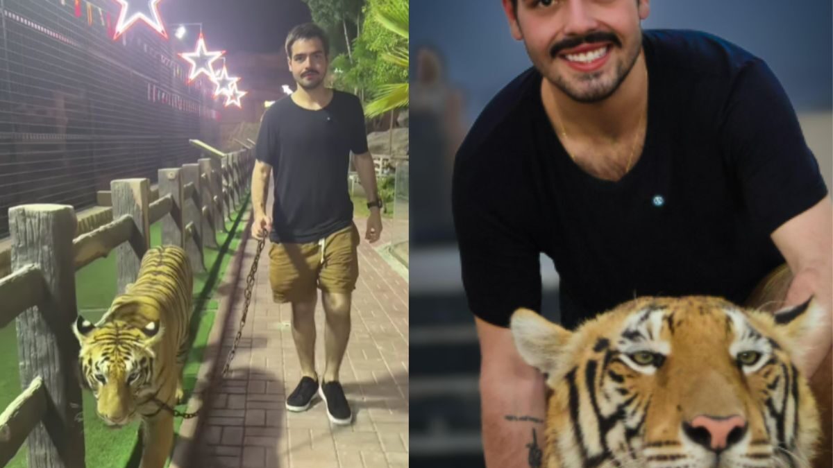 João Silva, filho de Faustão, chama atenção ao passear com tigre na coleira