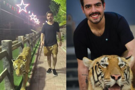 João Silva, filho de Faustão, chama atenção ao passear com tigre na coleira