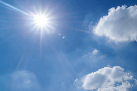 Imagem do céu com nuvens e um sol