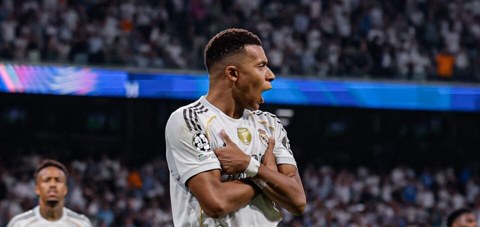 Mbappé, na partida entre Real Madrid e Olympique de Marselha