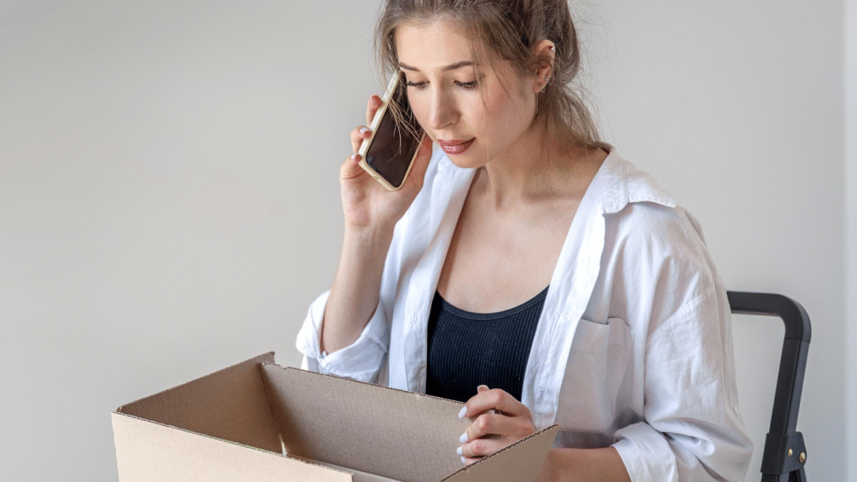 Mulher olha para uma caixa vazia enquanto fala ao telefone