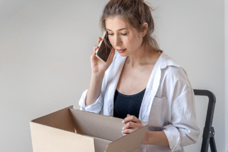 Mulher olha para uma caixa vazia enquanto fala ao telefone