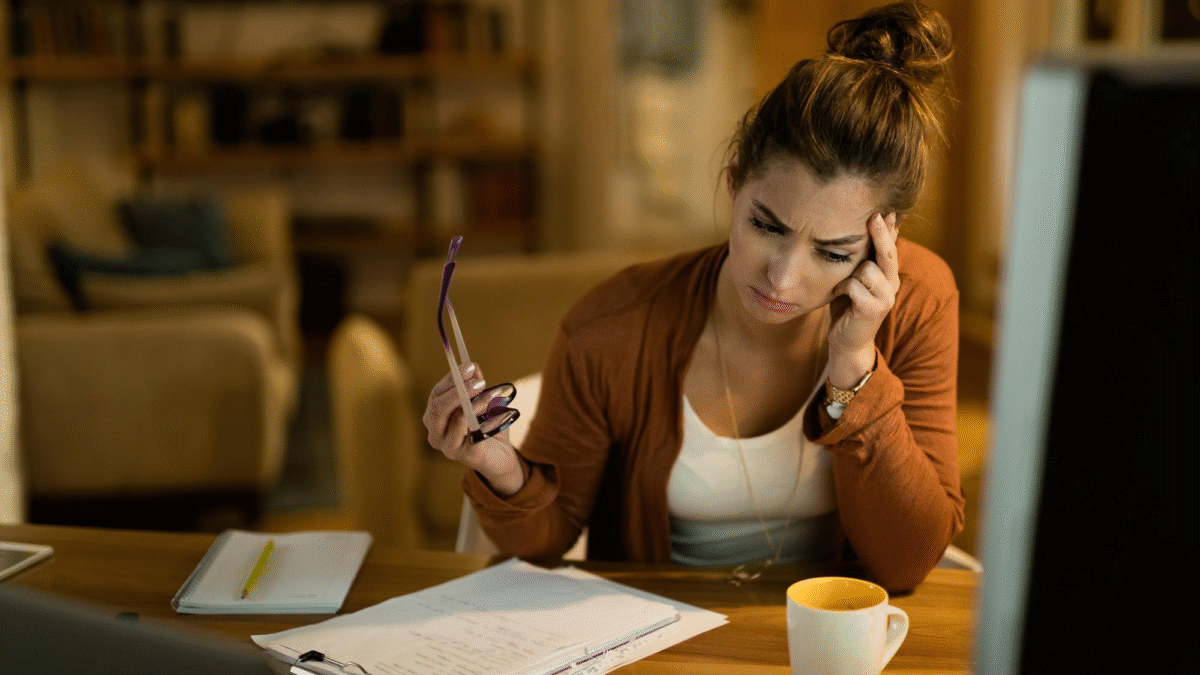 Mulher preocupada sentada em uma mesa, com luz baixa, papéis. Ela segura uma caneta
