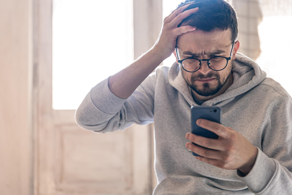 Homem com óculos e a mão no rosto. Ele segura um celular e tem expressão preocupada.