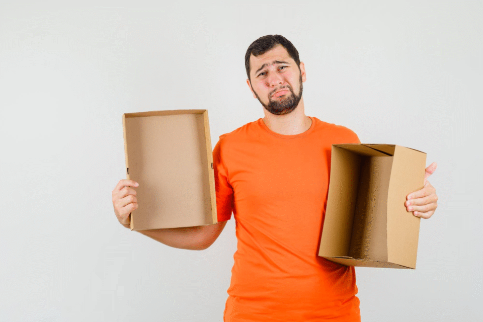 Homem triste com uma camiseta laranja segura uma caixa vazia