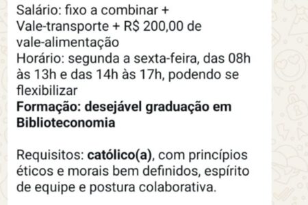 Colégio exige ‘católico’ para vaga de bibliotecário em Goiânia