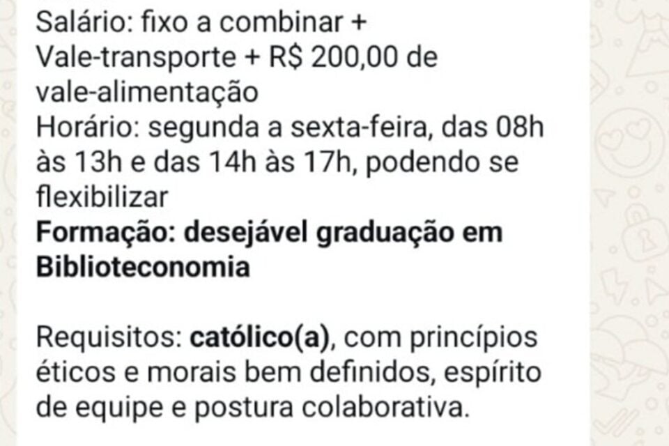 Colégio exige ‘católico’ para vaga de bibliotecário em Goiânia