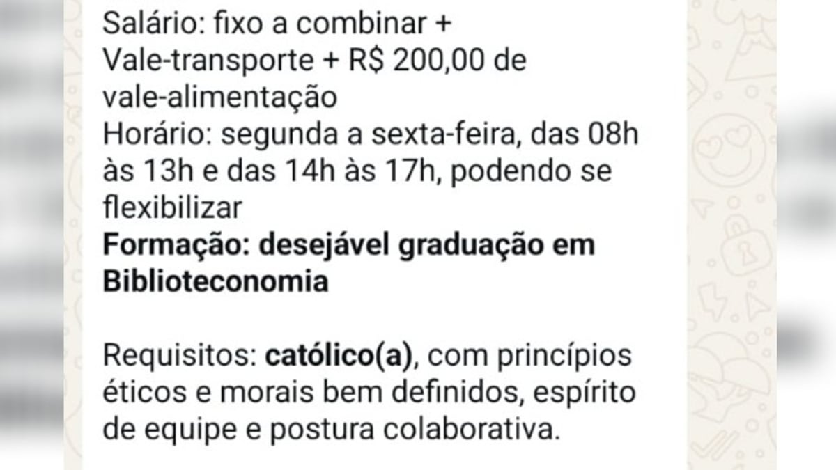 Colégio exige ‘católico’ para vaga de bibliotecário em Goiânia