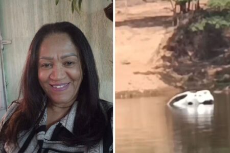 Colagem de fotos mostra a motorista do carro branco que aparece afundando em rio de Goiás