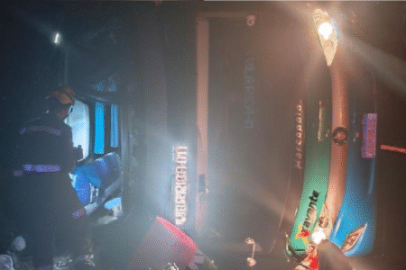 Imagem mostra ônibus que capotou após desviar de árvore na pista