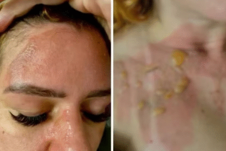 Imagem da empresária com o rosto queimado