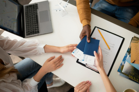 Mãos de três pessoas seguram dois passaportes com passagens dentro sobre uma mesa. A mesa é branca e tem itens de escritório e um notebook