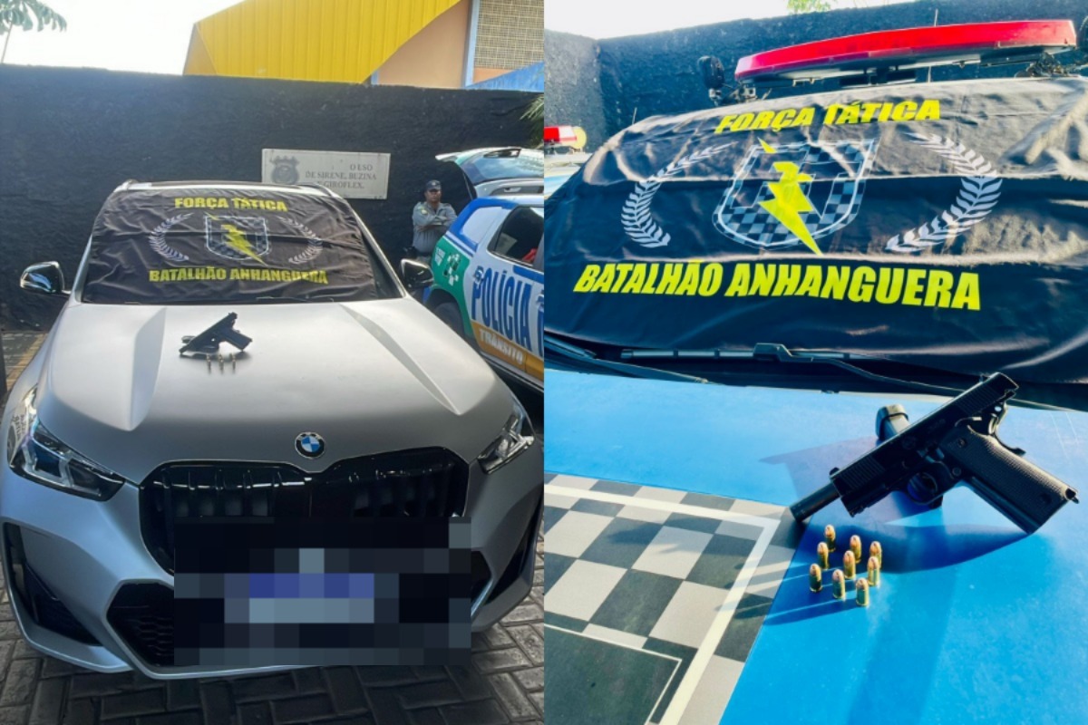 Imagem do veículo e da arma apreendida